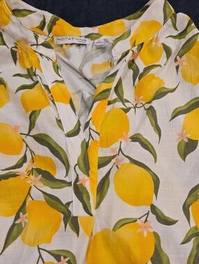Notations White Lemon-Print Split Neck Blouse with Yellow & Green Motif